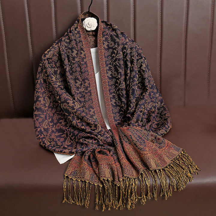 Buddha Stonesチベット ジャカード ペイズリー 花柄 カラーコントラストデザイン タッセル 心地よいスカーフ ショール - インジゴ - image 27