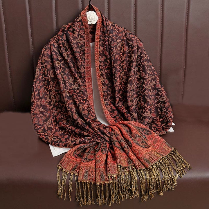 Buddha Stonesチベット ジャカード ペイズリー 花柄 カラーコントラストデザイン タッセル 心地よいスカーフ ショール - オレンジレッド - image 7