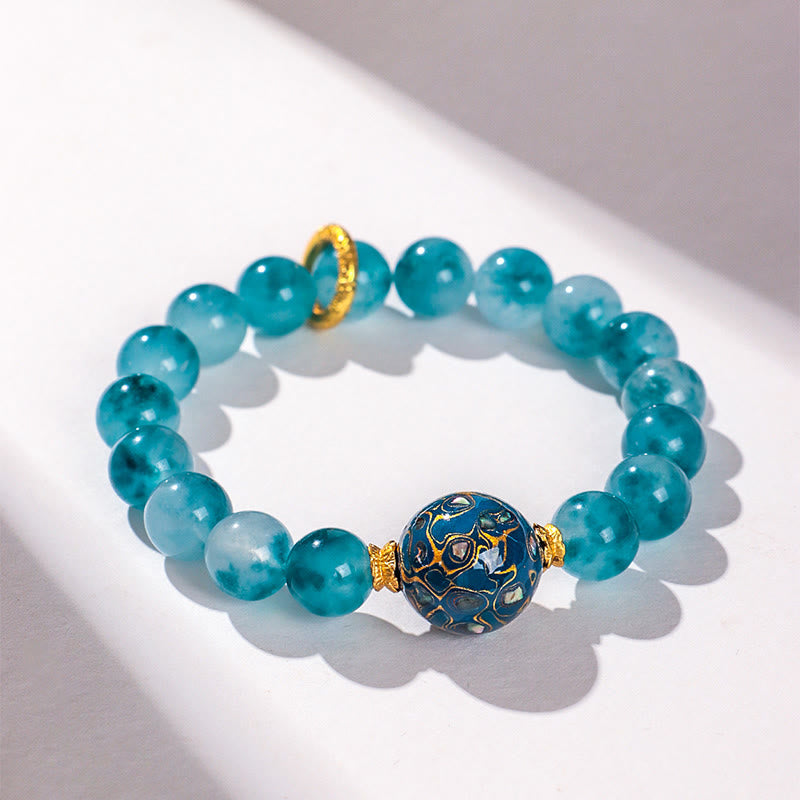 Buddha Stones10mm 天然ブルーカルセドニー ポジティブビーズブレスレット - image 1