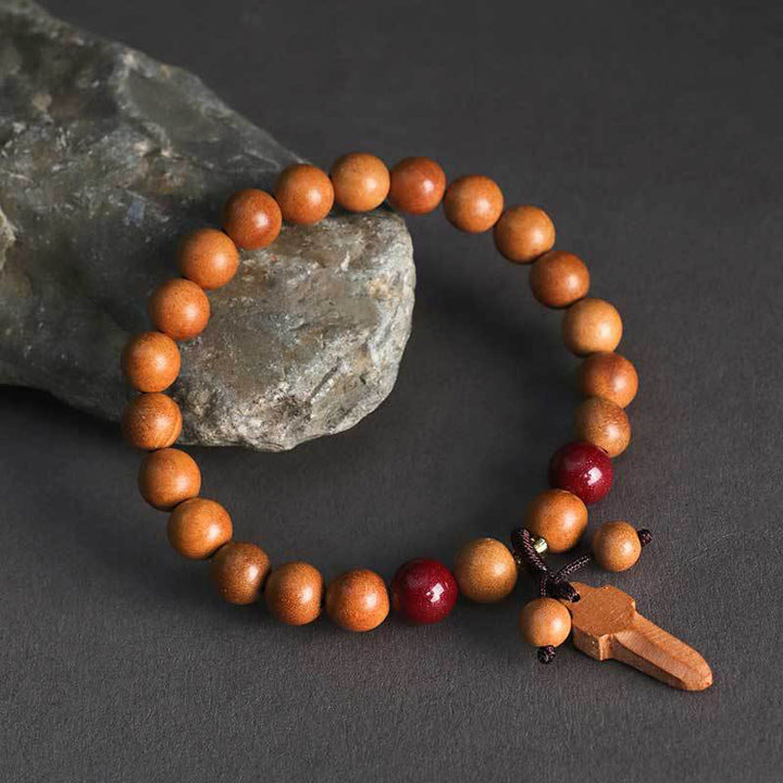Buddha Stones桃の木 辰砂 剣チャーム開運財運ブレスレット - 8mmピーチウッド（手首周り：14～16cm） - image 7