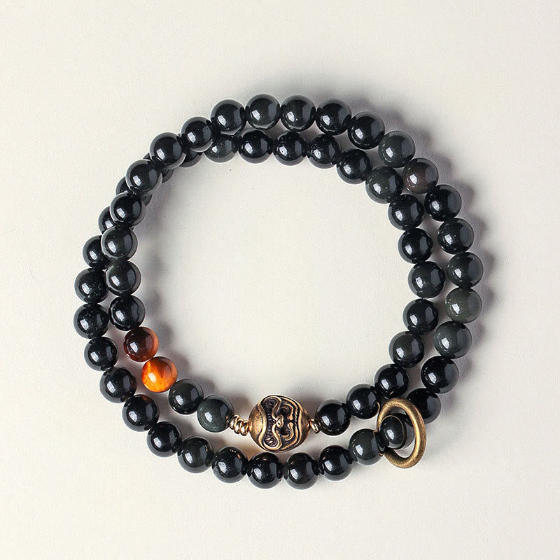 Buddha Stonesチベット黒曜石タイガーアイ銅ダブルラップ強さブレスレット - image 1