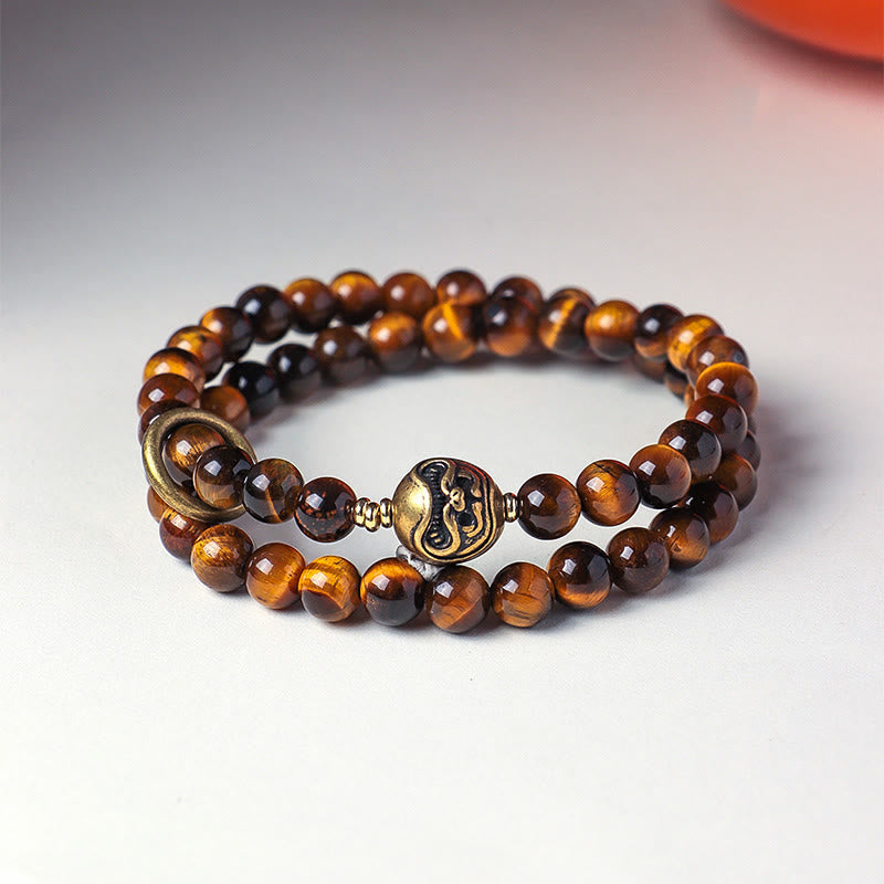 Buddha Stonesチベット黒曜石タイガーアイ銅ダブルラップ強さブレスレット - image 7