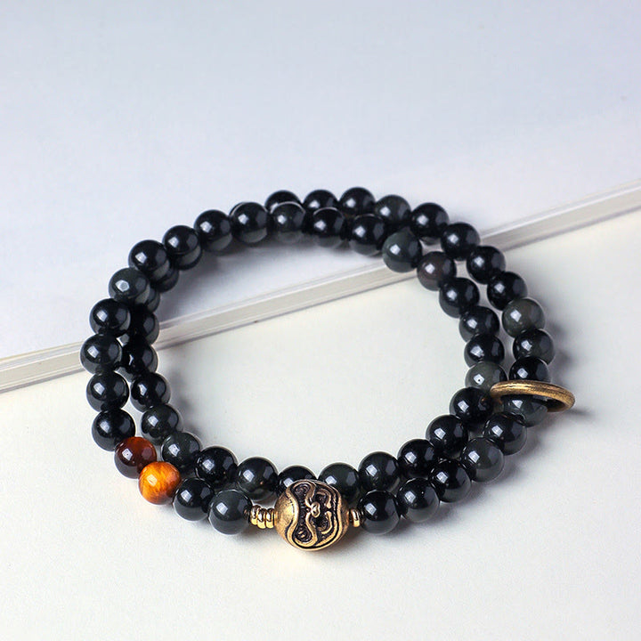 Buddha Stonesチベット黒曜石タイガーアイ銅ダブルラップ強さブレスレット - ブラックオブシディアン（手首周り：13～15cm） - image 0