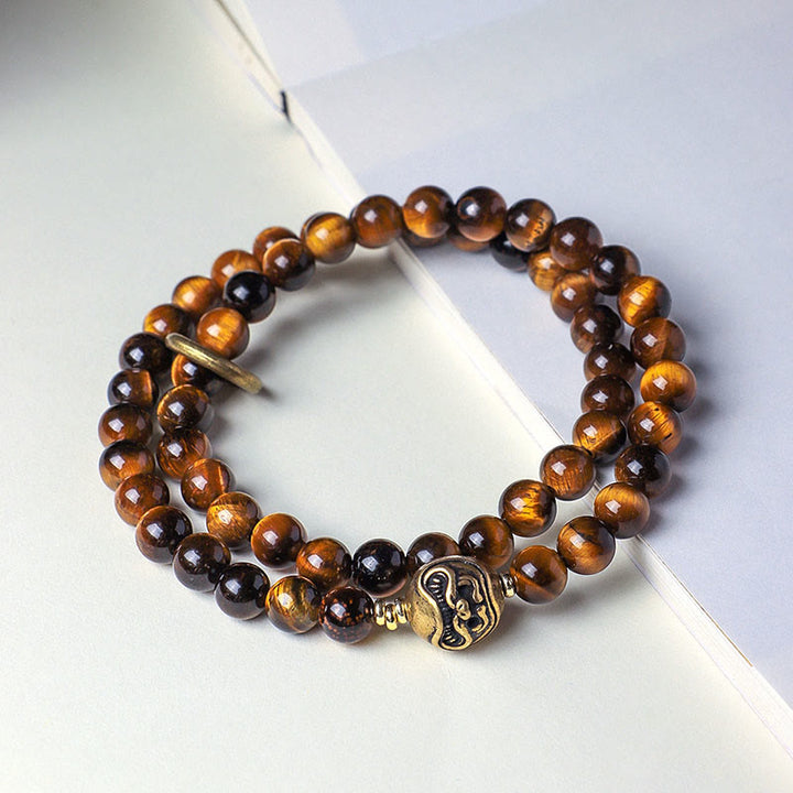 Buddha Stonesチベット黒曜石タイガーアイ銅ダブルラップ強さブレスレット - image 5