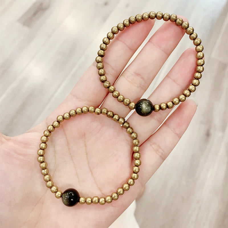 Buddha Stonesメッキ銅真鍮金光沢黒曜石 守護開運財運ブレスレット - image 1