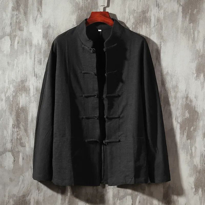 Buddha Stonesスタンドカラータンスーツカジュアルコットンリネンシャツ - 黒 - US/UK/AU44、EU54（5XL） - image 6