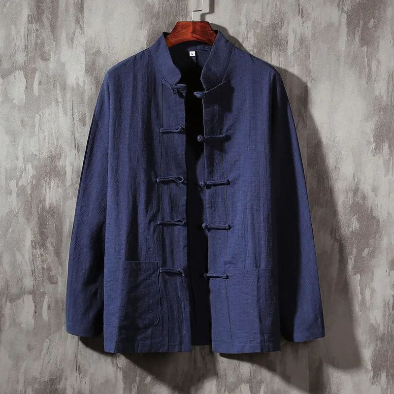 Buddha Stonesスタンドカラータンスーツカジュアルコットンリネンシャツ - ダークスレートブルー - US/UK/AU44、EU54（5XL） - image 5