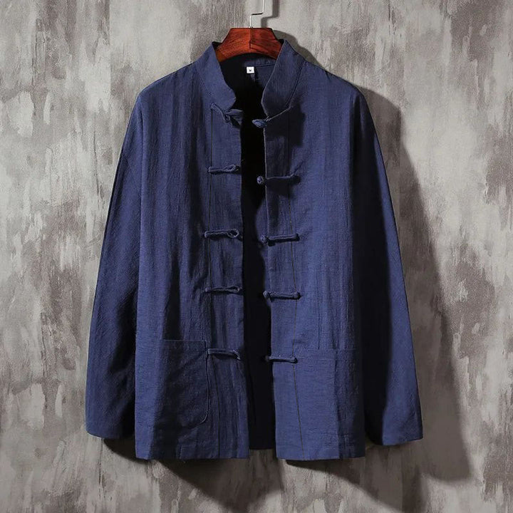 Buddha Stonesスタンドカラータンスーツカジュアルコットンリネンシャツ - ダークスレートブルー - US/UK/AU44、EU54（5XL） - image 5
