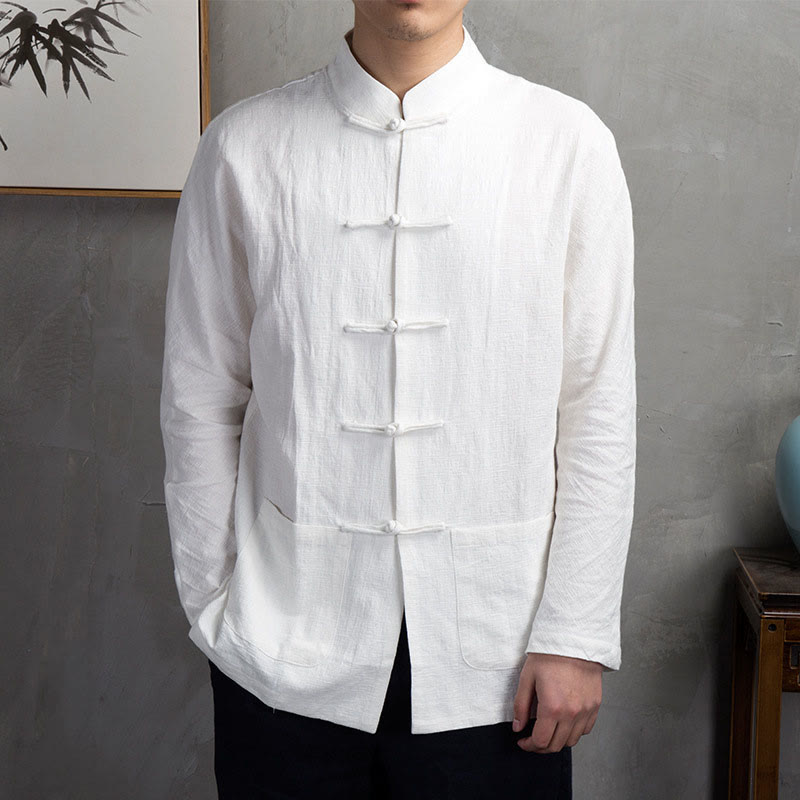 Buddha Stones無地 カジュアル フロッグボタン メンズ シャツ 衣類 - 白 - US/UK/AU44、EU54 (5XL) - image 4