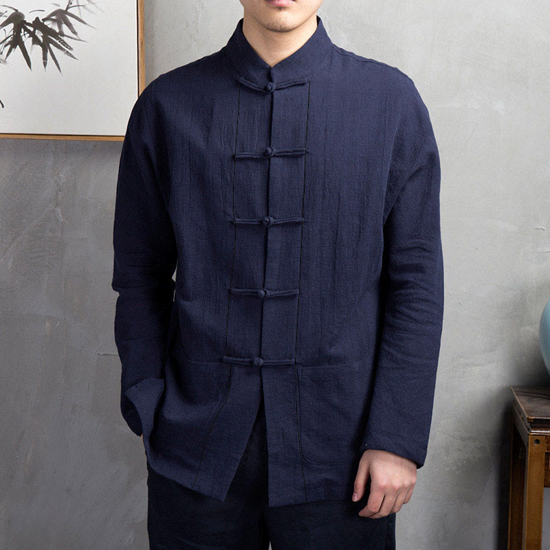 Buddha Stones無地 カジュアル フロッグボタン メンズ シャツ 衣類 - ミッドナイトブルー - US/UK/AU44、EU54 (5XL) - image 9
