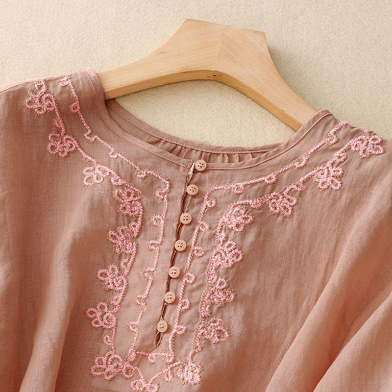 Buddha Stonesカジュアル レディース プレーン フロッグバックルデザイン ハーフスリーブシャツ - image 2