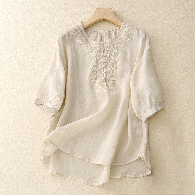 Buddha Stonesカジュアル レディース プレーン フロッグバックルデザイン ハーフスリーブシャツ - 象牙 - US8-10，UK/AU12-14，EU40-42 (2XL) - image 7