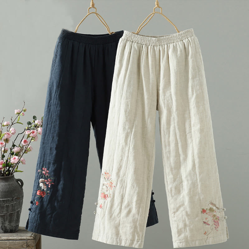 Buddha Stones刺繍カエルボタンコットンパッド入りレディースワイドレッグパンツ（ポケット付き） - ミッドナイトブルー - US8-10，UK/AU12-14，EU40-42 (2XL) - image 0