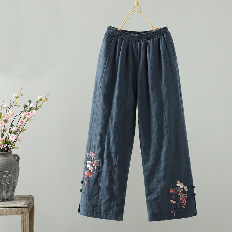 Buddha Stones刺繍カエルボタンコットンパッド入りレディースワイドレッグパンツ（ポケット付き） - image 1