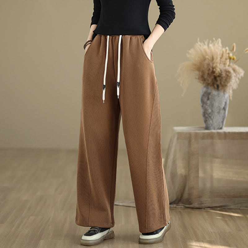 Buddha Stones無地ドローストリングコットンレディースワイドレッグパンツ（ポケット付き） - image 1