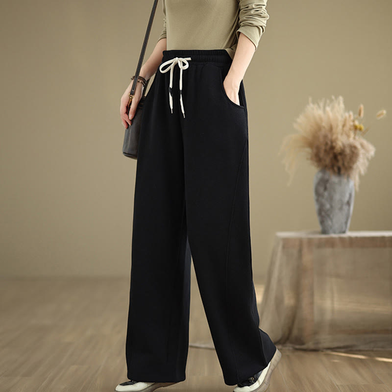 Buddha Stones無地ドローストリングコットンレディースワイドレッグパンツ（ポケット付き） - image 10