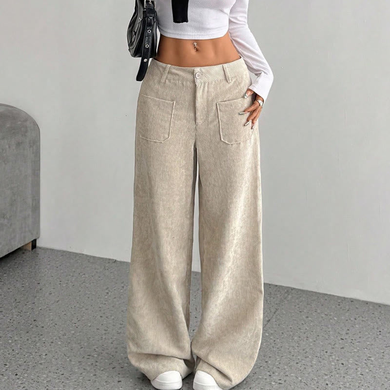 Buddha Stonesプレーンコーデュロイポリエステルレディースボタンワイドレッグパンツ（ポケット付き） - image 1