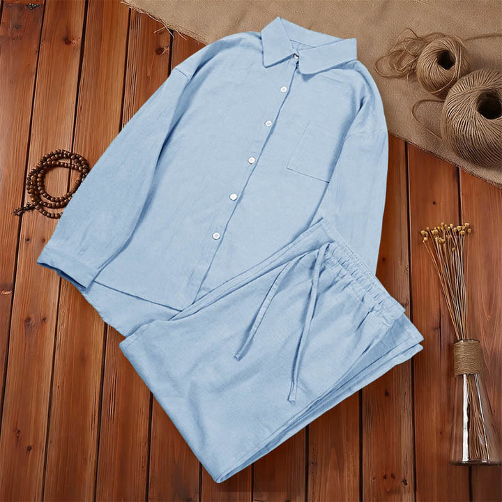 Buddha Stones 2点セット 長袖シャツ ポケット付きトップス ドローストリングパンツ 瞑想用コットンリネン服 レディース セット - image 25