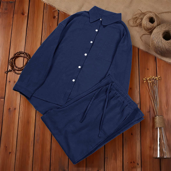 Buddha Stones 2点セット 長袖シャツ ポケット付きトップス ドローストリングパンツ 瞑想用コットンリネン服 レディース セット - image 31