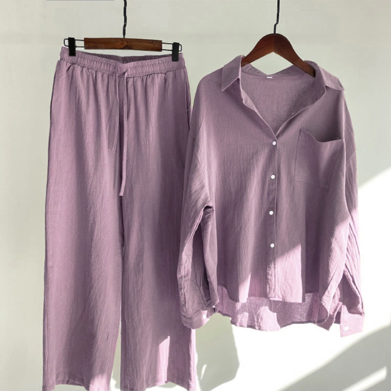 Buddha Stones 2点セット 長袖シャツ ポケット付きトップス ドローストリングパンツ 瞑想用コットンリネン服 レディース セット - ペールバイオレットレッド - US20、 UK/AU24、 EU52 (5XL) - image 54