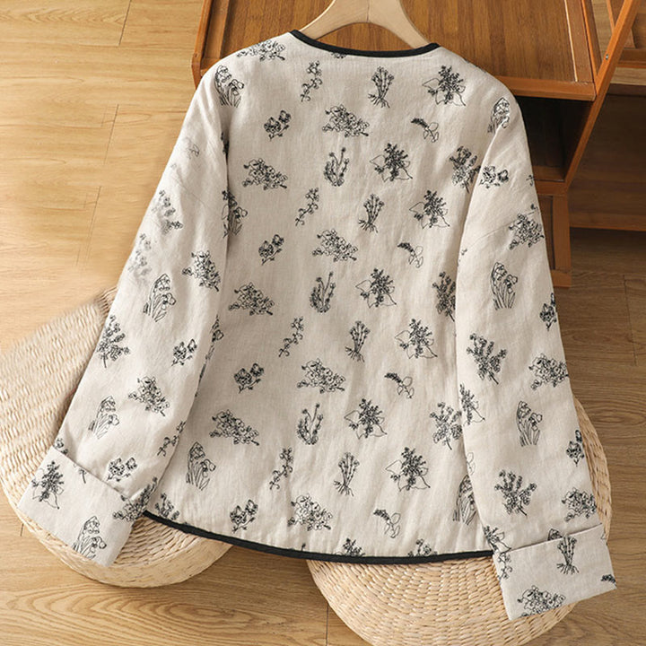 Buddha Stonesレディース 刺繍入り カエルボタン 長袖 コットン 中綿ジャケット ポケット付き - image 1