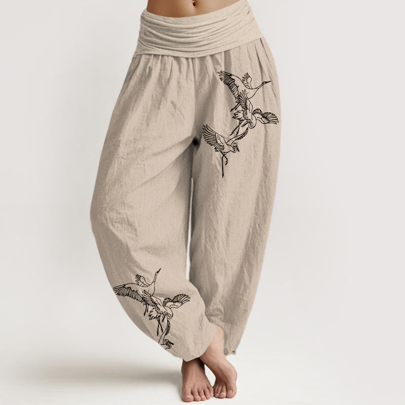 Buddha Stonesと飛鶴模様のレディース伸縮性ウエストハーレムコットンパンツ - タン - US22、 UK/AU26、 EU54 (6XL) - image 11