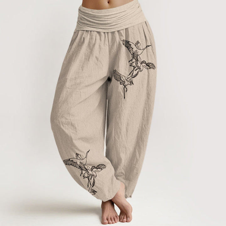 Buddha Stonesと飛鶴模様のレディース伸縮性ウエストハーレムコットンパンツ - タン - US22、 UK/AU26、 EU54 (6XL) - image 11