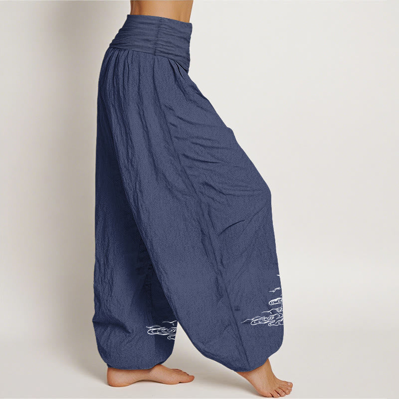 Buddha Stonesと鶴の流水模様 レディース ウエストゴム ハーレム コットンパンツ - image 1