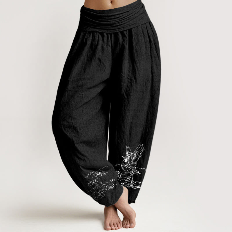 Buddha Stonesと鶴の流水模様 レディース ウエストゴム ハーレム コットンパンツ - 黒 - US22、 UK/AU26、 EU54 (6XL) - image 5