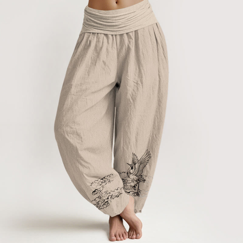 Buddha Stonesと鶴の流水模様 レディース ウエストゴム ハーレム コットンパンツ - タン - US22、 UK/AU26、 EU54 (6XL) - image 11