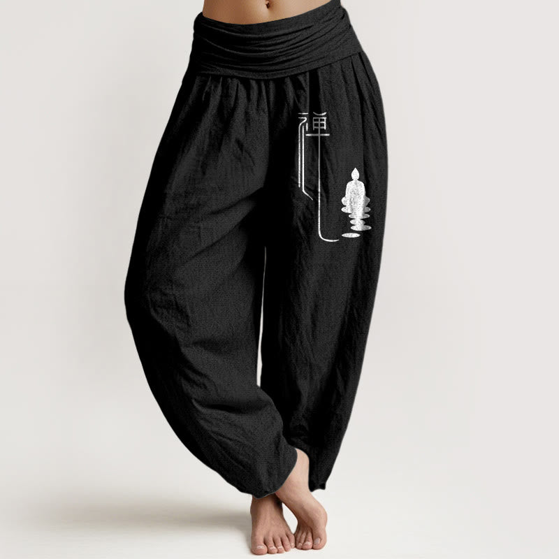 Buddha Stones禅 仏教柄 レディース 伸縮性ウエスト ハーレム コットンパンツ - 黒 - US22、 UK/AU26、 EU54 (6XL) - image 5