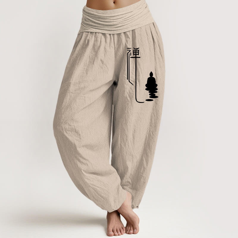 Buddha Stones禅 仏教柄 レディース 伸縮性ウエスト ハーレム コットンパンツ - タン - US22、 UK/AU26、 EU54 (6XL) - image 11