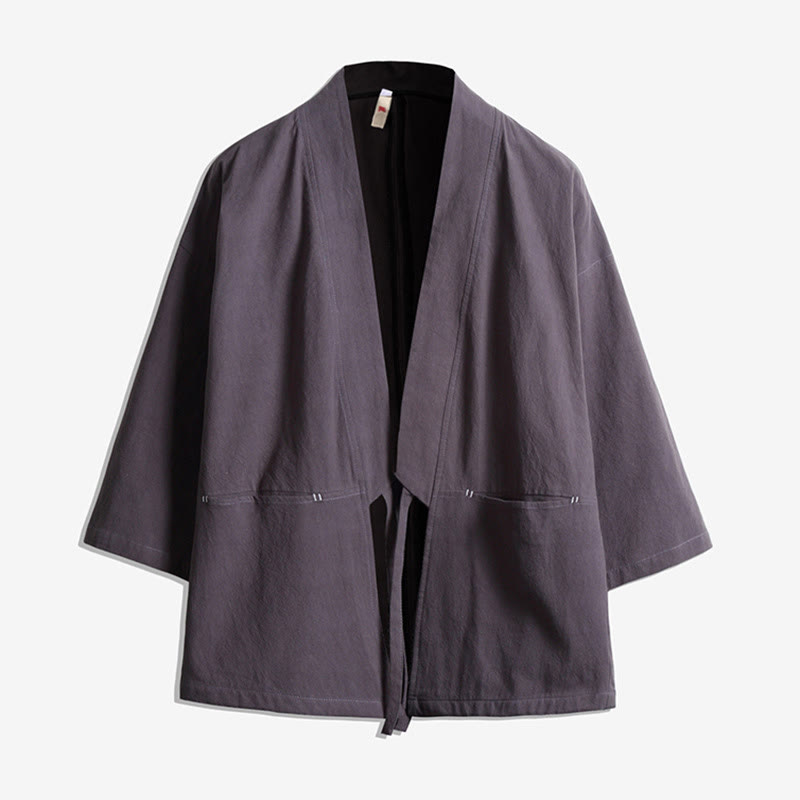 Buddha Stones無地 レースアップ 七分袖 オープンフロント ジャケット メンズ 着物 - グレー - US/UK/AU48、 EU58(5XL) - image 4