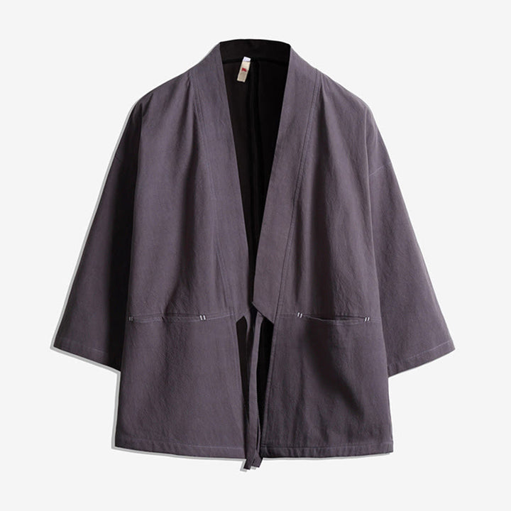 Buddha Stones無地 レースアップ 七分袖 オープンフロント ジャケット メンズ 着物 - グレー - US/UK/AU48、 EU58(5XL) - image 4
