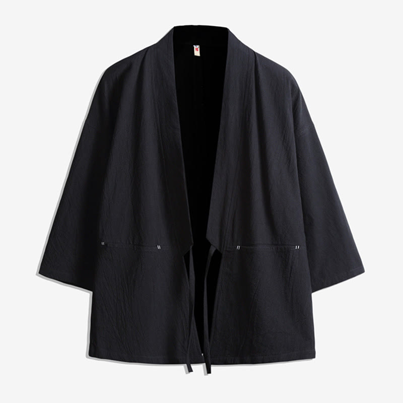 Buddha Stones無地 レースアップ 七分袖 オープンフロント ジャケット メンズ 着物 - 黒 - US/UK/AU48、 EU58(5XL) - image 2