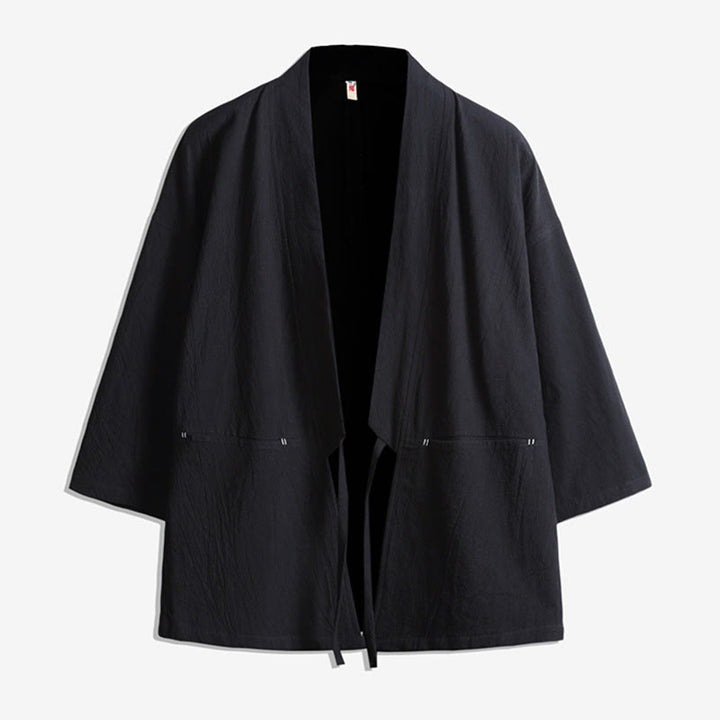 Buddha Stones無地 レースアップ 七分袖 オープンフロント ジャケット メンズ 着物 - 黒 - US/UK/AU48、 EU58(5XL) - image 2