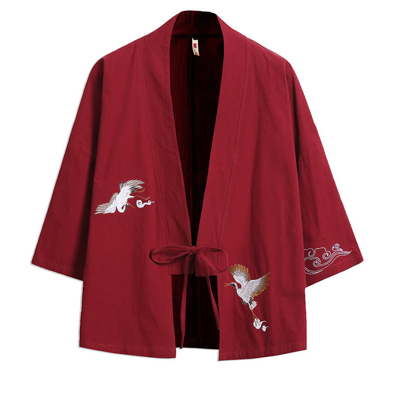 Buddha Stones白鶴 吉祥雲 刺繍 七分袖 メンズ着物 - 赤 - US/UK/AU46、 EU56 (5XL) - image 4