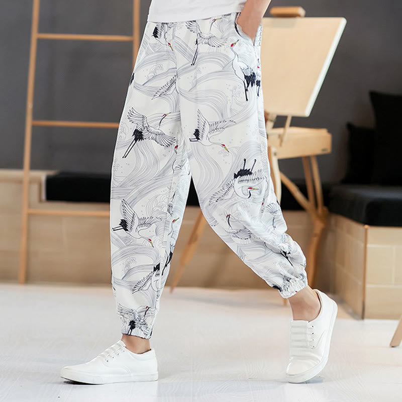 Buddha Stones、鶴、吉兆の雲模様のメンズハーレムパンツ（ポケット付き） - 白 - US/UK/AU46、 EU56 (5XL) - image 8