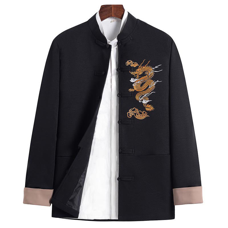 Buddha Stones刺繍ドラゴンフロッグボタンデザイン長袖メンズジャケット - 黒 - US/UK/AU44、 EU54 (4XL) - image 0