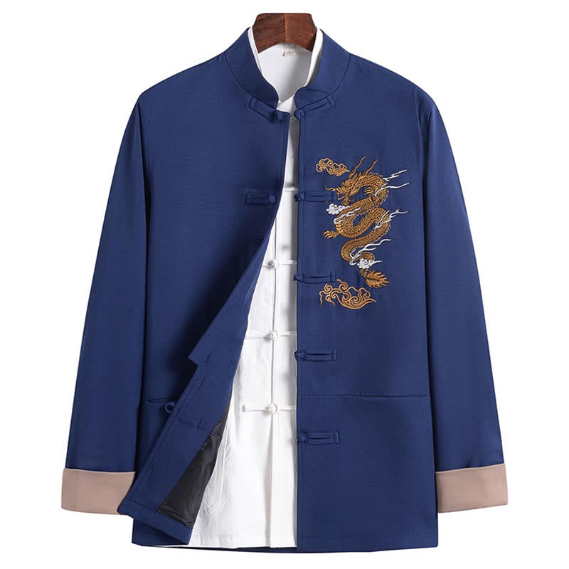 Buddha Stones刺繍ドラゴンフロッグボタンデザイン長袖メンズジャケット - スティールブルー - US/UK/AU44、 EU54 (4XL) - image 14