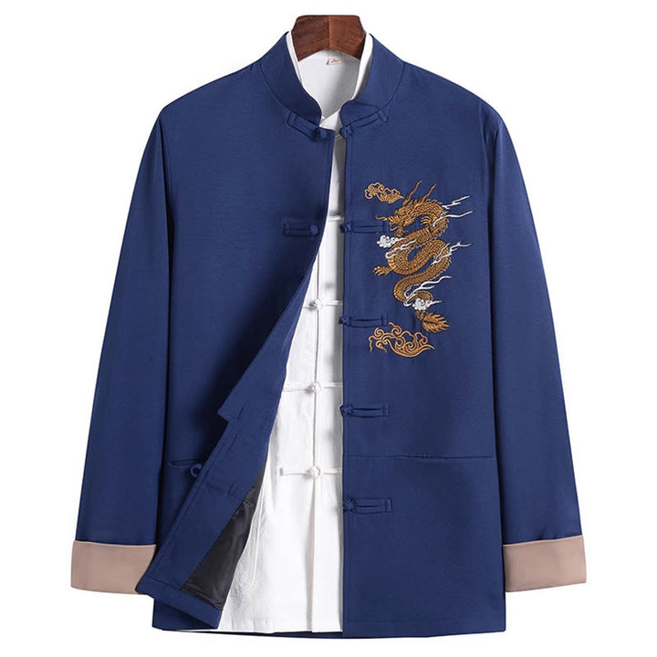 Buddha Stones刺繍ドラゴンフロッグボタンデザイン長袖メンズジャケット - スティールブルー - US/UK/AU44、 EU54 (4XL) - image 14