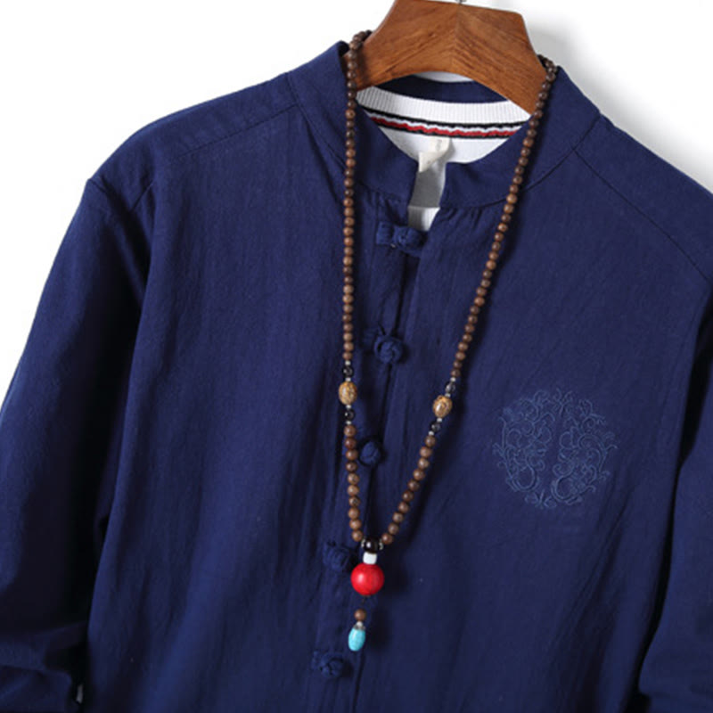Buddha Stones 2点セット 無地 メンズ フロッグボタン 長袖 コットン シャツ パンツ セット ポケット付き - image 23