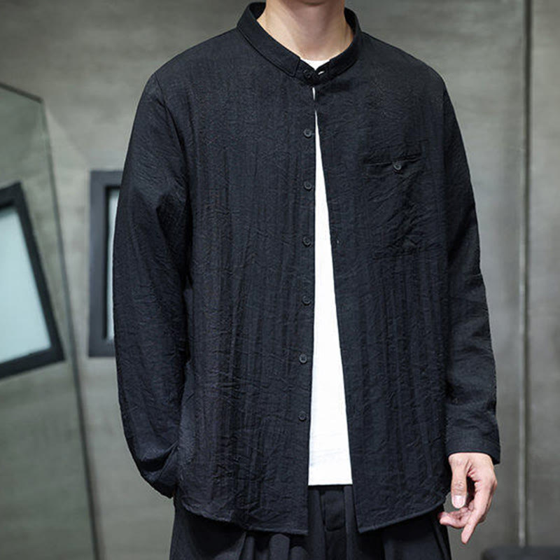 Buddha Stones春のメンズ 無地ボタンデザイン 長袖シャツ - 黒 - US/UK/AU46、 EU56 (5XL) - image 0