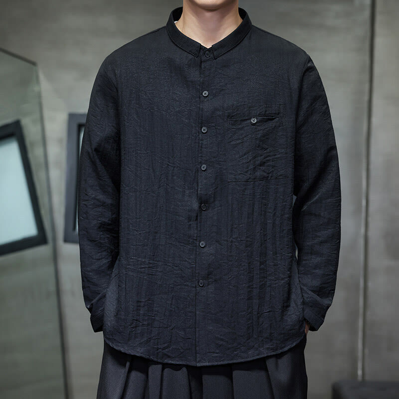 Buddha Stones春のメンズ 無地ボタンデザイン 長袖シャツ - image 1