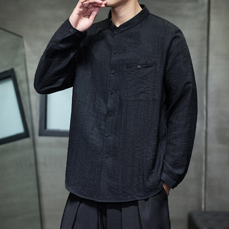 Buddha Stones春のメンズ 無地ボタンデザイン 長袖シャツ - image 5