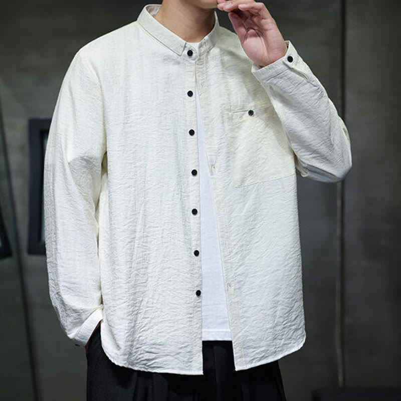 Buddha Stones春のメンズ 無地ボタンデザイン 長袖シャツ - image 8