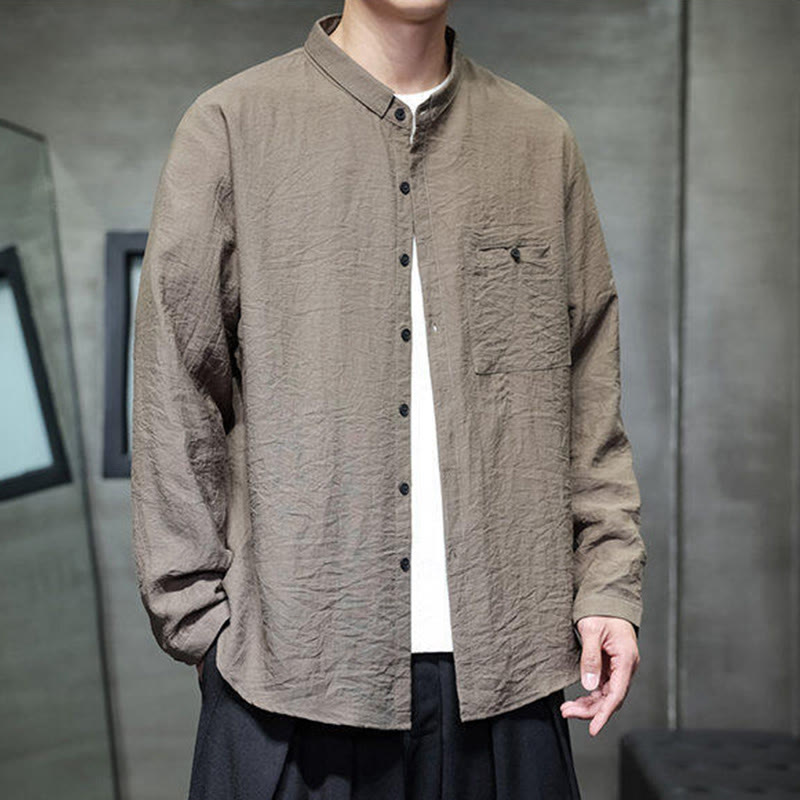 Buddha Stones春のメンズ 無地ボタンデザイン 長袖シャツ - image 18