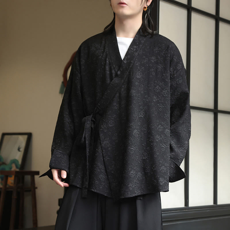 Buddha Stones春 Vネック 花柄 メンズ レースアップデザイン 長袖シャツ - image 1