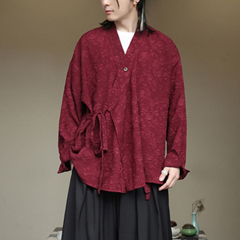 Buddha Stones春 Vネック 花柄 メンズ レースアップデザイン 長袖シャツ - image 16