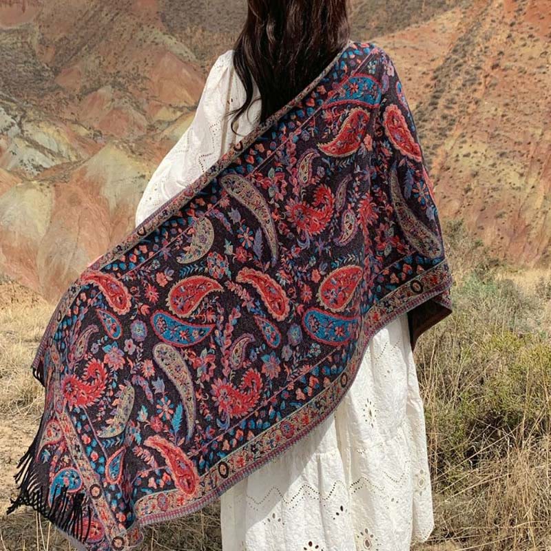 Buddha Stonesエスニック刺繍ペイズリー花柄タッセルソフトスカーフショール - 黒 - image 0